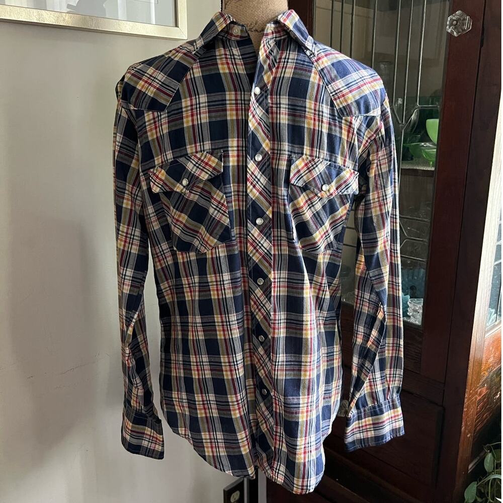 Vintage 70s Men's Plaid Pearl Snap Shirt Size 38 Blue Yellow Americana 38 Unisex - Picture 3 of 17